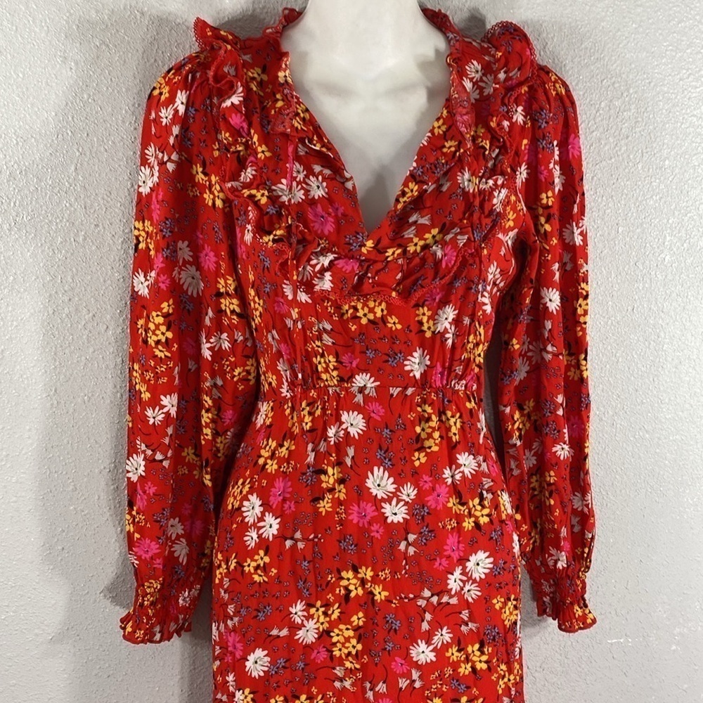 Oliver Bonas Floral Print & Frilled Bib Trim Red Midi Dress 2 EE29 - Picture 6 of 16